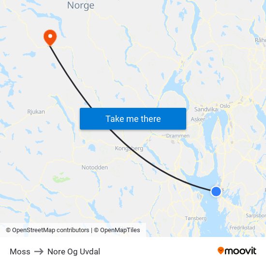 Moss to Nore Og Uvdal map