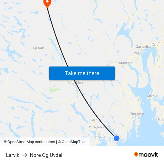 Larvik to Nore Og Uvdal map