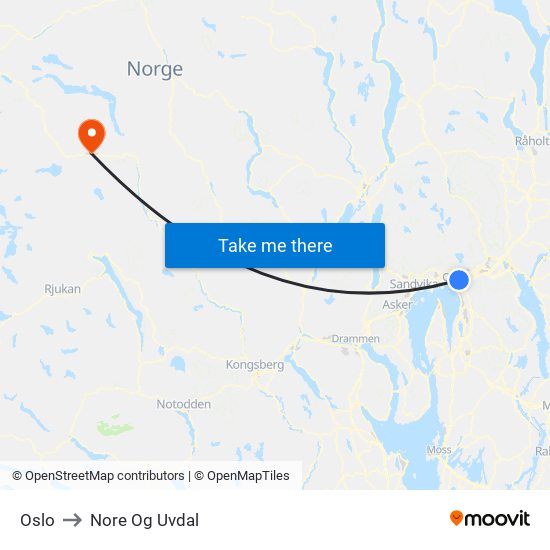 Oslo to Nore Og Uvdal map