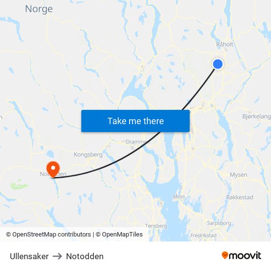 Ullensaker to Notodden map