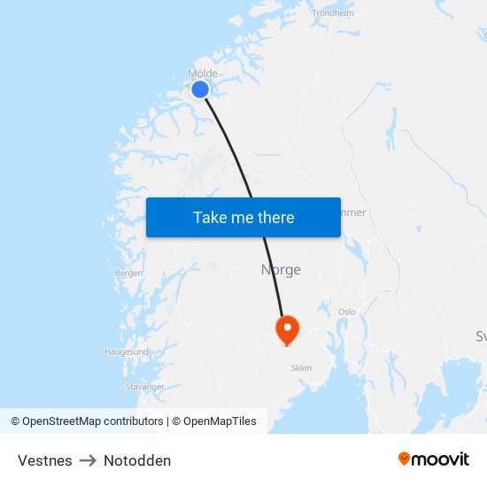 Vestnes to Notodden map