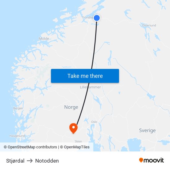 Stjørdal to Notodden map