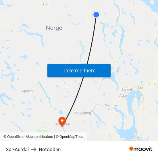 Sør-Aurdal to Notodden map