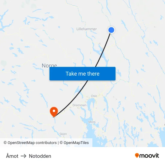 Åmot to Notodden map
