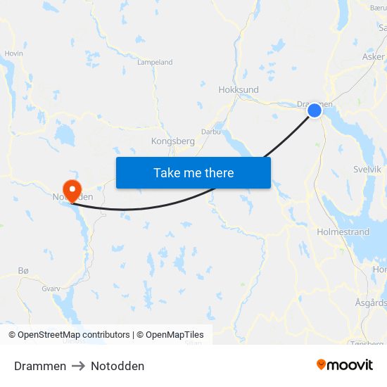 Drammen to Notodden map