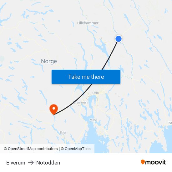 Elverum to Notodden map