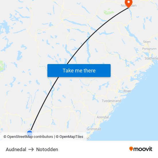 Audnedal to Notodden map