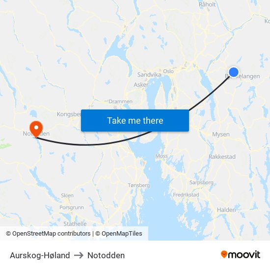 Aurskog-Høland to Notodden map