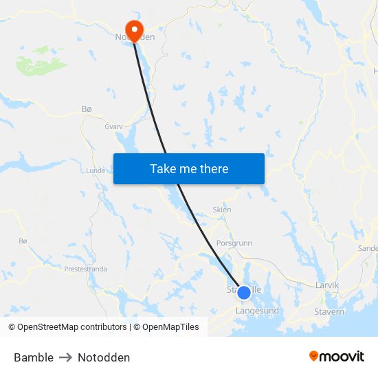 Bamble to Notodden map