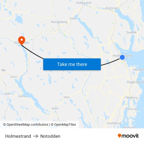 Holmestrand to Notodden map