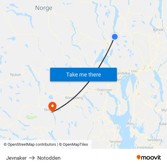 Jevnaker to Notodden map