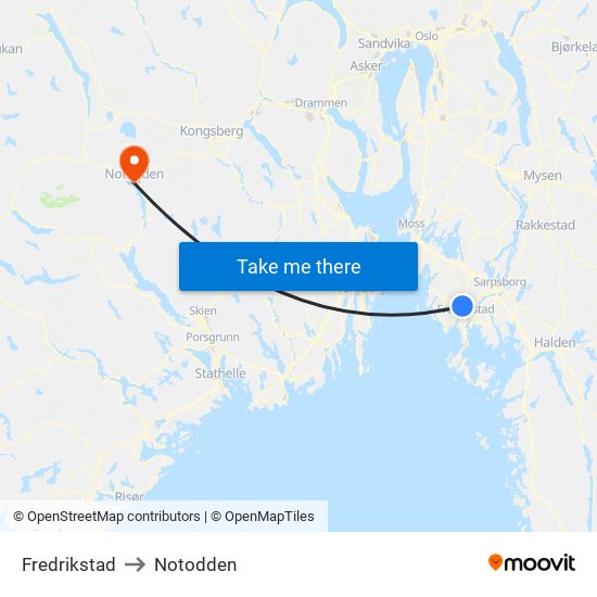 Fredrikstad to Notodden map