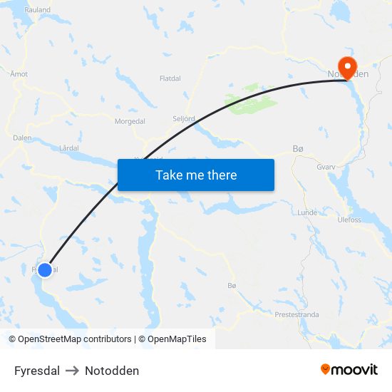 Fyresdal to Notodden map