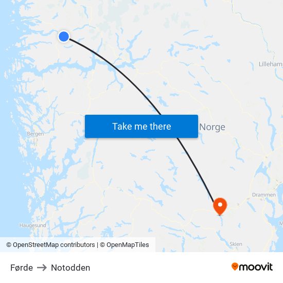 Førde to Notodden map