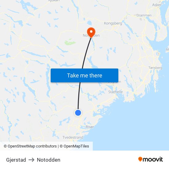 Gjerstad to Notodden map