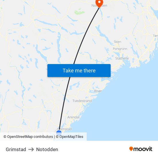 Grimstad to Notodden map