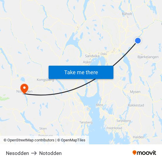 Nesodden to Notodden map