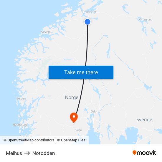 Melhus to Notodden map