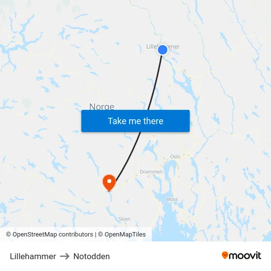 Lillehammer to Notodden map