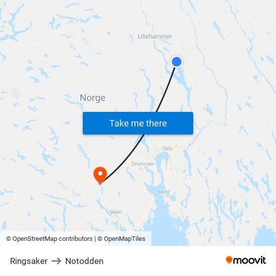 Ringsaker to Notodden map