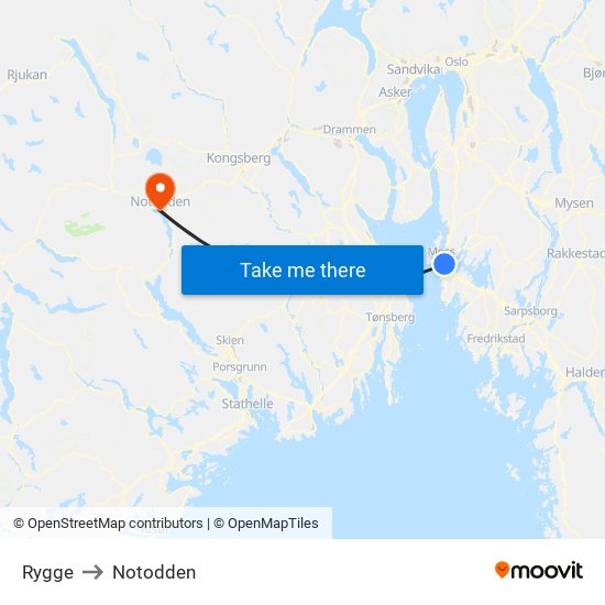 Rygge to Notodden map