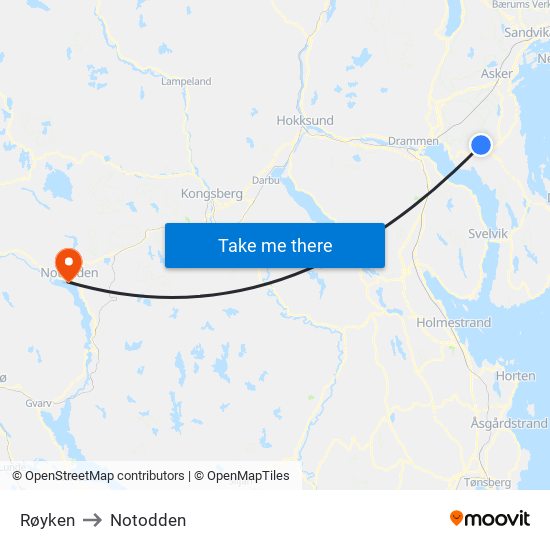 Røyken to Notodden map