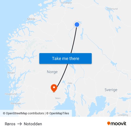 Røros to Notodden map