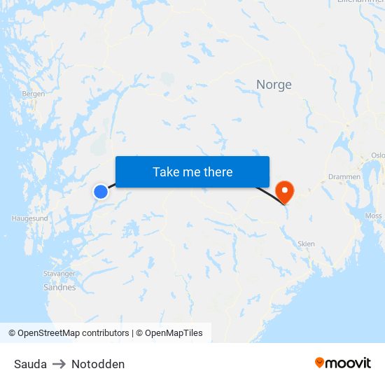 Sauda to Notodden map