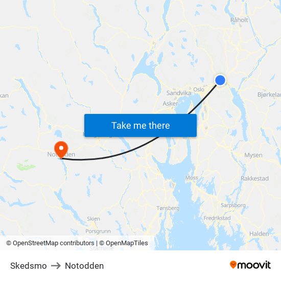 Skedsmo to Notodden map