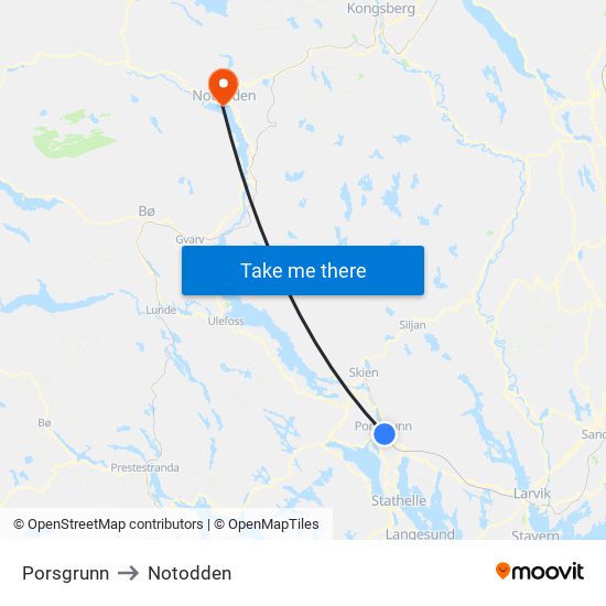 Porsgrunn to Notodden map