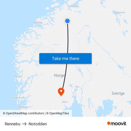 Rennebu to Notodden map