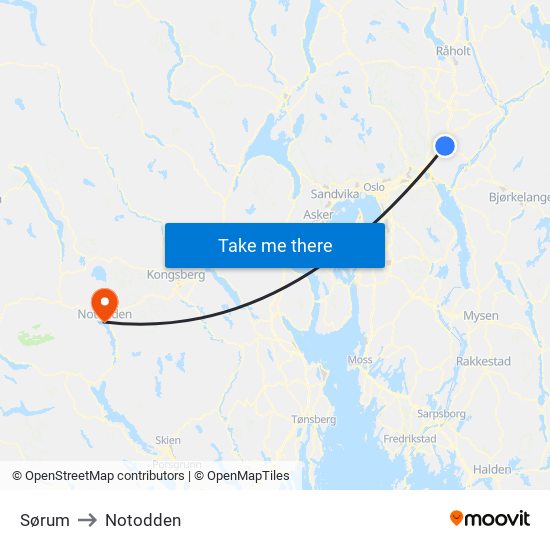 Sørum to Notodden map