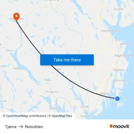 Tjøme to Notodden map