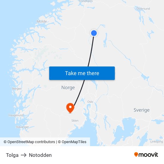 Tolga to Notodden map