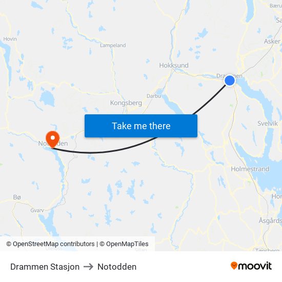 Drammen Stasjon to Notodden map