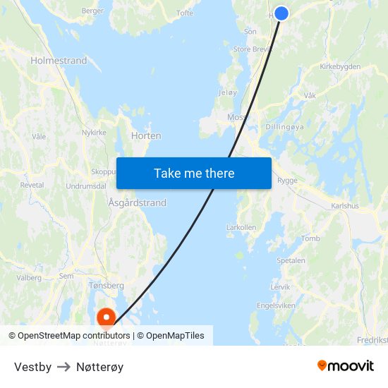 Vestby to Nøtterøy map