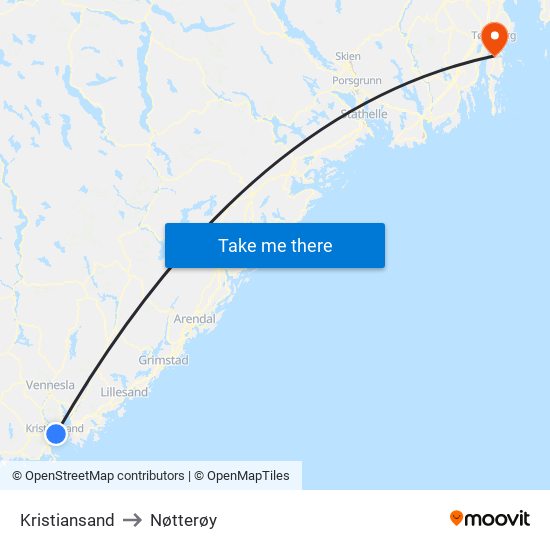 Kristiansand to Nøtterøy map