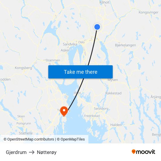 Gjerdrum to Nøtterøy map