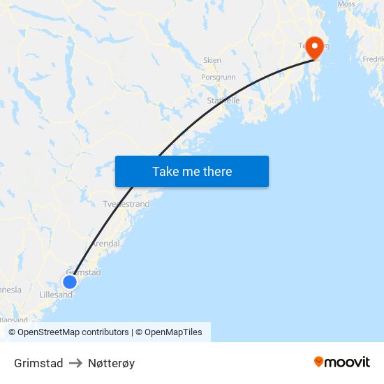 Grimstad to Nøtterøy map