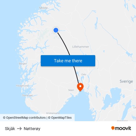 Skjåk to Nøtterøy map