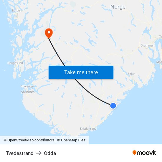 Tvedestrand to Odda map