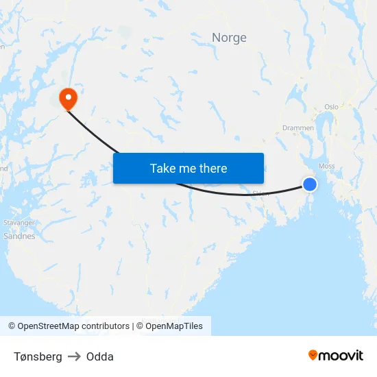 Tønsberg to Odda map