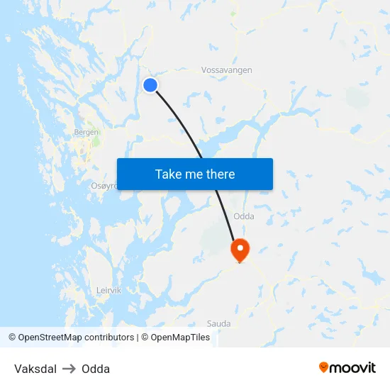 Vaksdal to Odda map