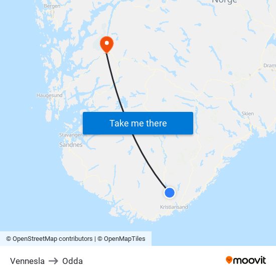 Vennesla to Odda map