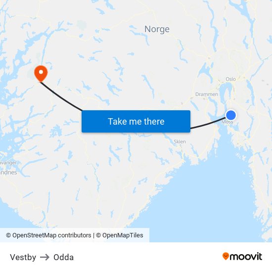 Vestby to Odda map