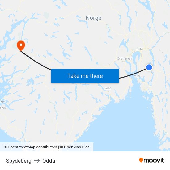 Spydeberg to Odda map