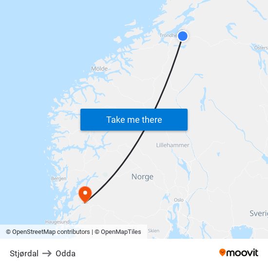 Stjørdal to Odda map