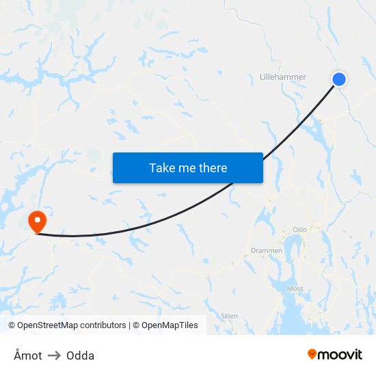 Åmot to Odda map