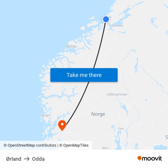 Ørland to Odda map
