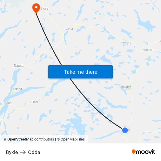 Bykle to Odda map